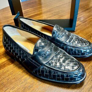 Johnston & Murphy Black Woven Leather Domani Penny Loafers Made In Italy Size 9M